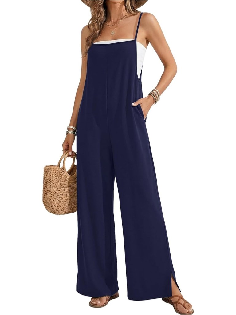 Women Jumpsuits Navy Blue Casual Summer Wide Leg Sleeveless Rompers With Pockets